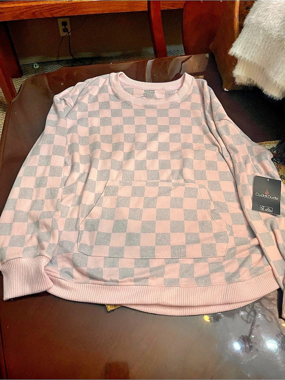 Cuddl Duds Lightweight Comfort Printed Pullover Checkered Sweatshirt Pink & Gray